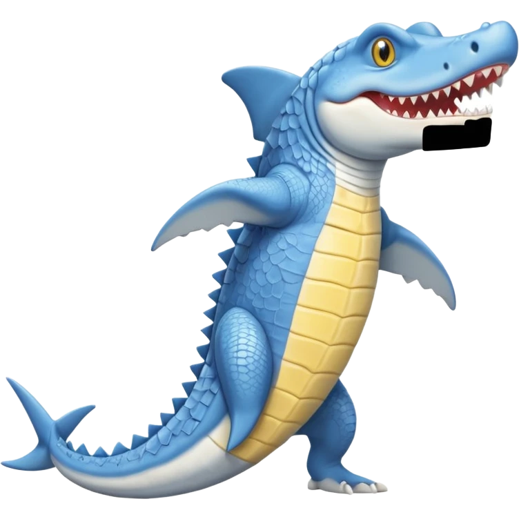 Appearance: The character is predominantly blue with a lighter belly and yellow eyes.
Features: It has large teeth, a shark-like fin on its back, and a tail.
Attire: The crocodile is wearing a pair of light blue and white sneakers.
Pose: It is standing upright on its hind legs. emoji