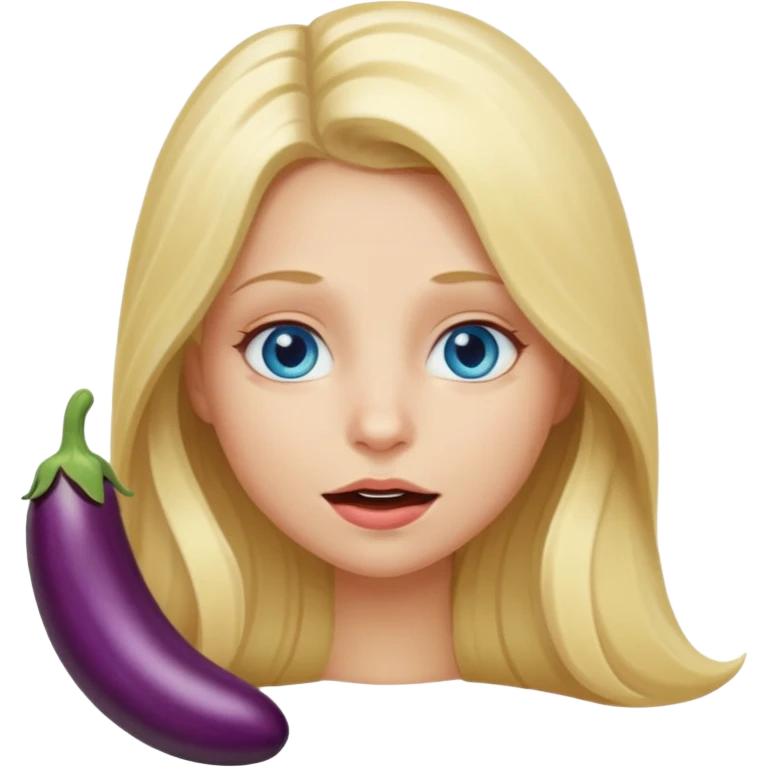 Girl, long blond hair, blue eyes, eggplant on mouth emoji