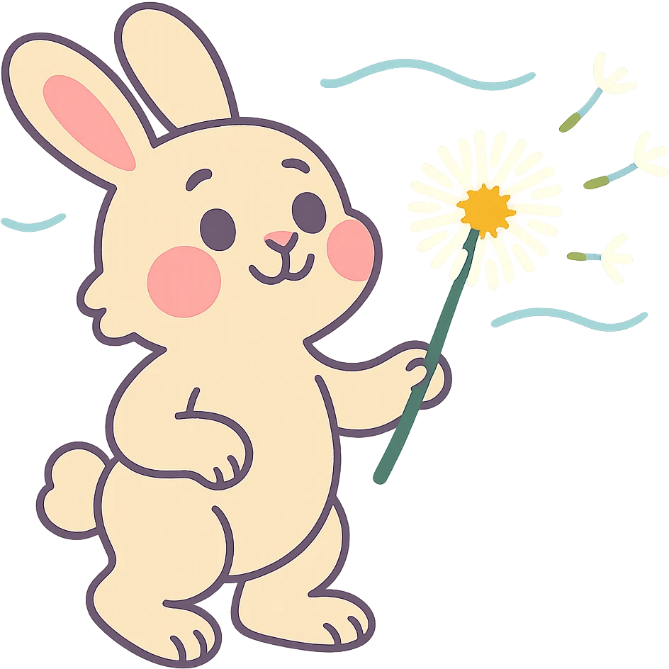 bunny holding a dandelion in the breeze, gentle spring vibe, soft pastel colors, transparent background, pastel toon style emoji