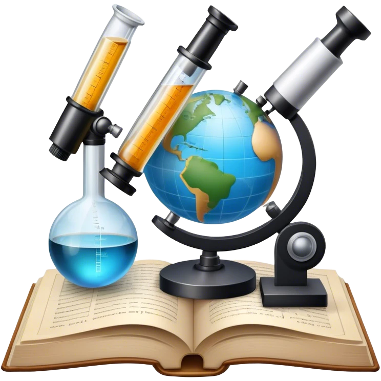 Icon for Scientific and Educational Reading: an open book with mathematical formulas, a microscope, a test tube, and a globe. The icon should represent the curiosity and knowledge found in scientific and academic books. Transparent background. emoji