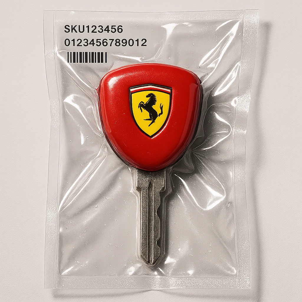 classic Ferrari car key, red with yellow Ferrari badge, chrome key blade, glossy emoji