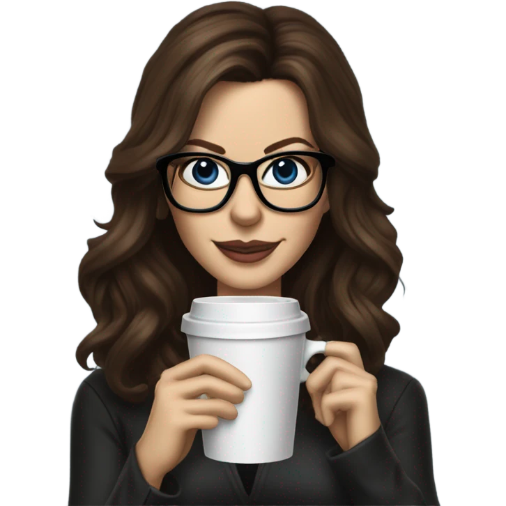 Hyper Realistic Kate Beckinsale dark blue eyes wearing glasses drinking coffee at a laptop  emoji