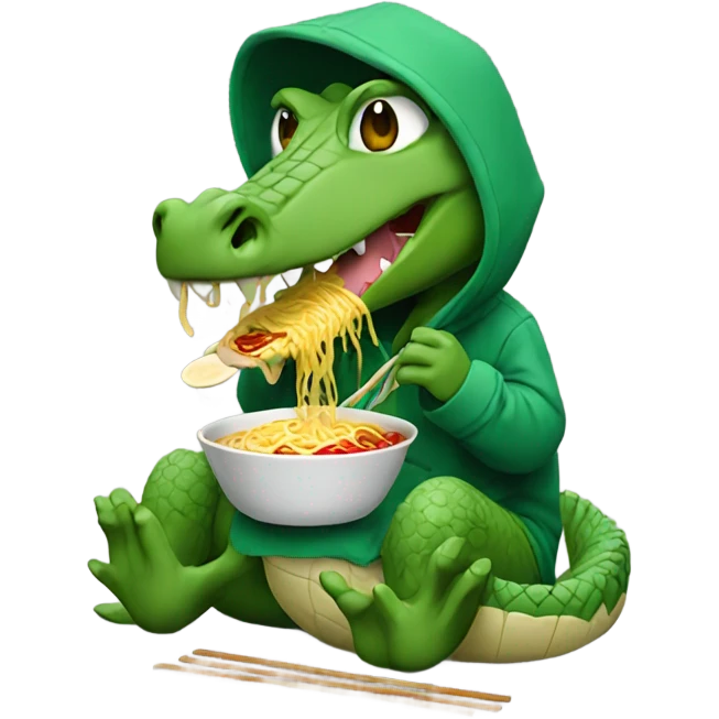 Crocodile eating ramen with a hoodie while crying emoji