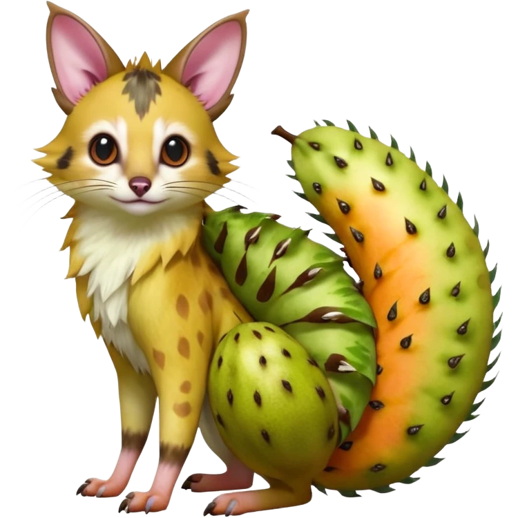 Hyper realistic  tropical-fruit-splash-colored fur of kiwi-green-lime-green-gradients, papaya-orange, and dragonfruit-pink chaos beautiful elegant pretty precious cute  Fakémon-Pokémon-opossum-feline-serval-caracal-chinchilla-Furret-Minccino-hybrid-creature with a big fluffy bushy tail (full body) emoji