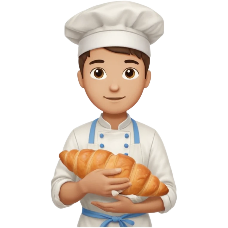 Young male baker – holding a croissant, flour on clothes

 emoji