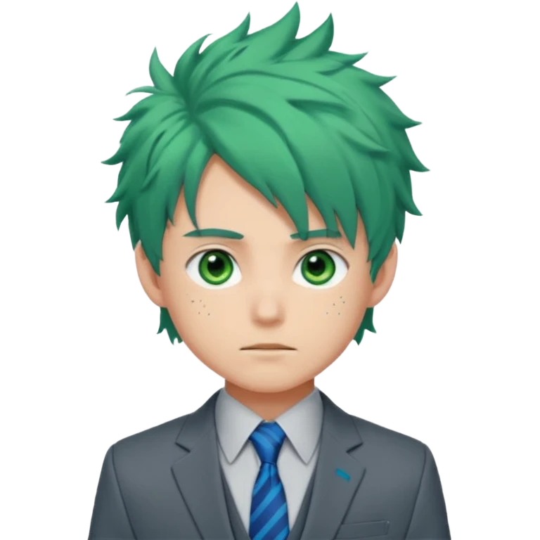 deku : boy anmie green hair green eyes in a ua gray jacket and blue tie suit with frenkles messy hair emoji