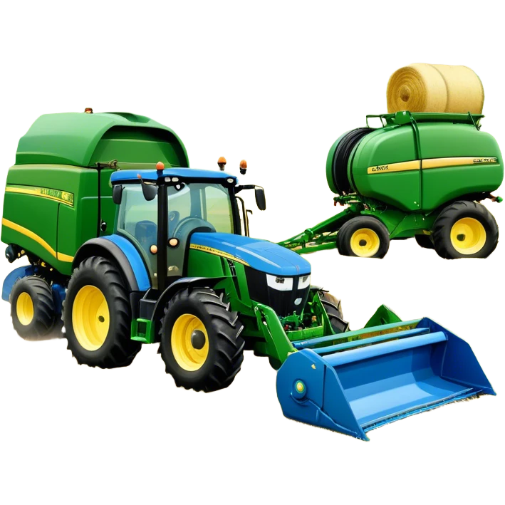 Baler – New Holland Roll-Belt 560 (2018) – Cinematic-realistic John Deere 6155M tractor towing a New Holland Roll-Belt 560 baler, its deep green body contrasting with the bright blue baler. The massive machine moves steadily through golden fields, compressing freshly cut hay into tight round bales, while dust swirls under the blazing afternoon sun. emoji