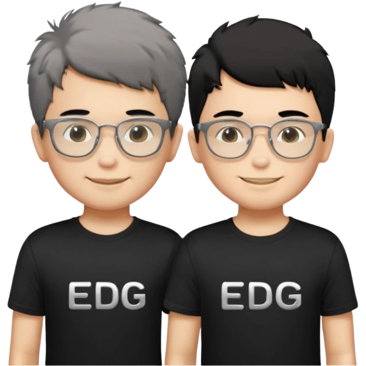 2 boys standing together. oner wearing black t-shirts with the letters 'EDG' fluffy short hair and silver rectangular glasses. the other one has black hair, smiled brightly, no glasses. the one who has no glasses is taller emoji