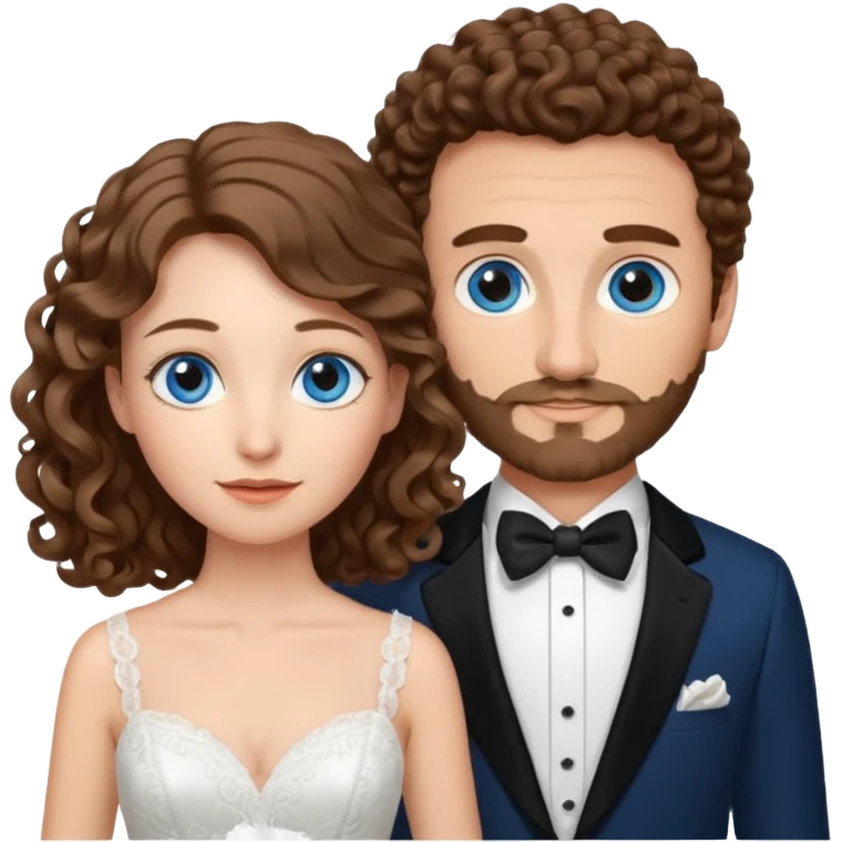 wedding couple, woman has long lightly curled brown hair and blue eyes, man has short light brown curly hair and facial hair with blue eyes emoji
