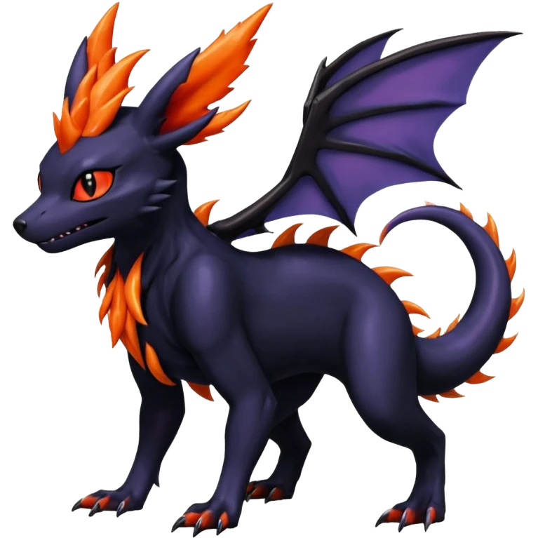 Shiny Fiery Dark Ugly Evil Realistic Glowing Eldritch Horror Cool Edgy Badass Emo Demonic Batty Dusky Punky Aural Bioluminescent Sexy Handsome Canine-Amaura-Salandit-Noibat-Flareon-Fakémon-Digimon-fusion (full body) with intricate pattern markings emoji