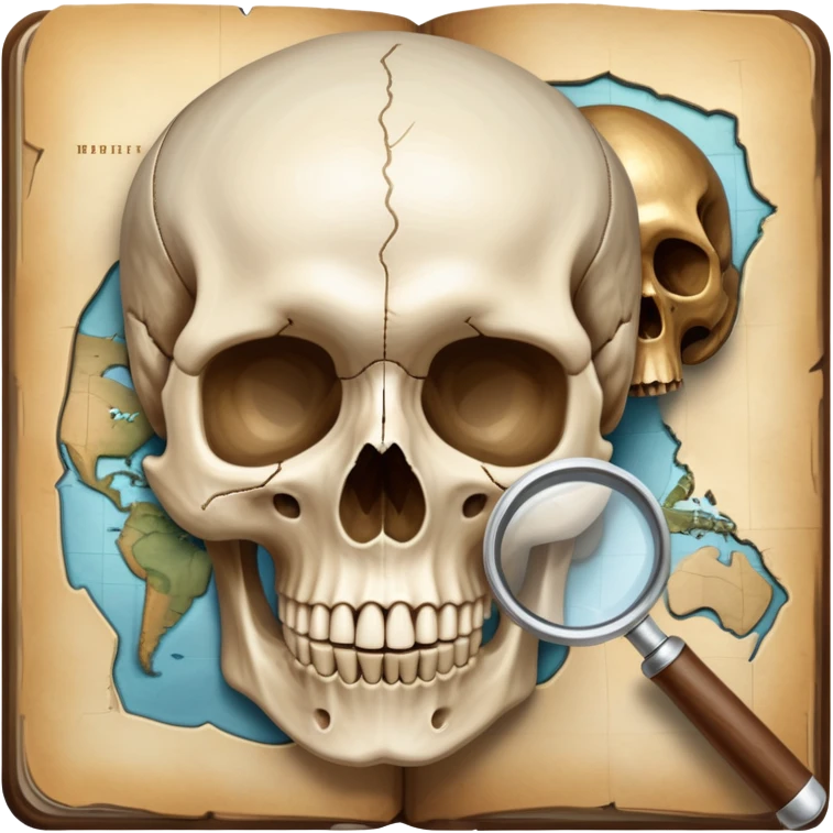 An icon featuring a human skull and fossils, representing anthropology. The design includes a magnifying glass and a map of ancient human migration paths, symbolizing the study of human evolution and cultures. Transparent background highlights the scientific exploration of humanity’s past. emoji