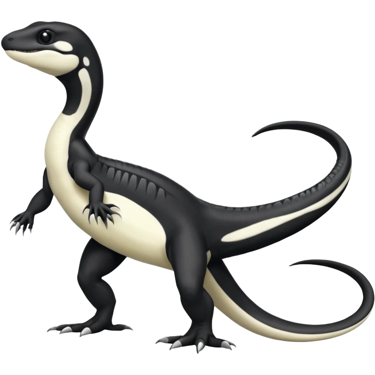 Black and white Orca-reptile-reptilian-lizard-skink-gecko-Digimon-Fakémon-hybrid full body, two legs, two arms, claws, tail emoji
