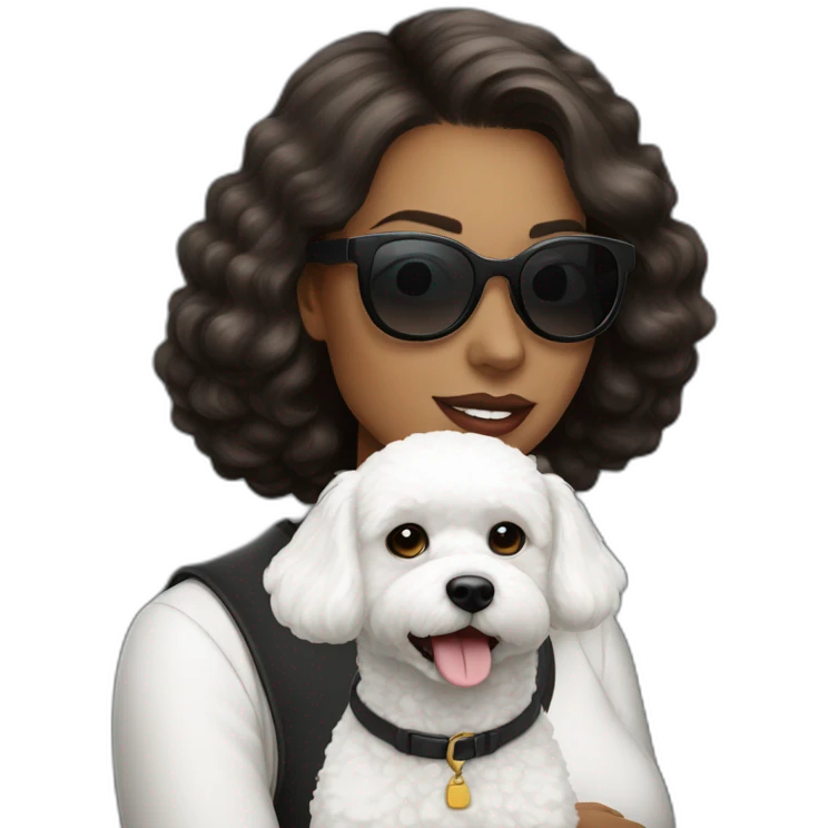 mujer peli negro y gafas con perro bichon blanco emoji