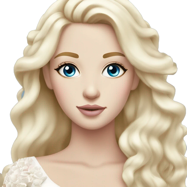 White bride with long light blonde hair and blue eyes with light pink peonies in hair white skin light pink lips emoji