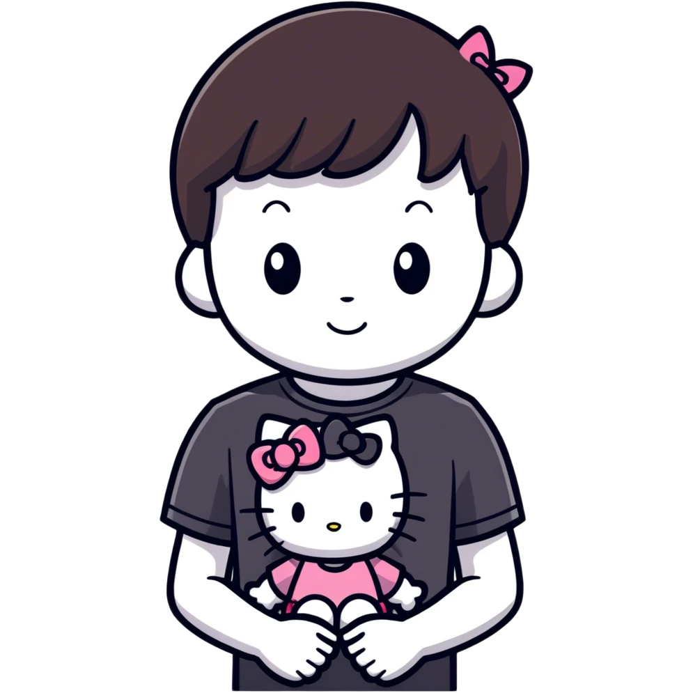 Brunette big brother with a ghost face tee shirt on with his little brunette sister by his side and she is wearing a hello kitty shirt emoji