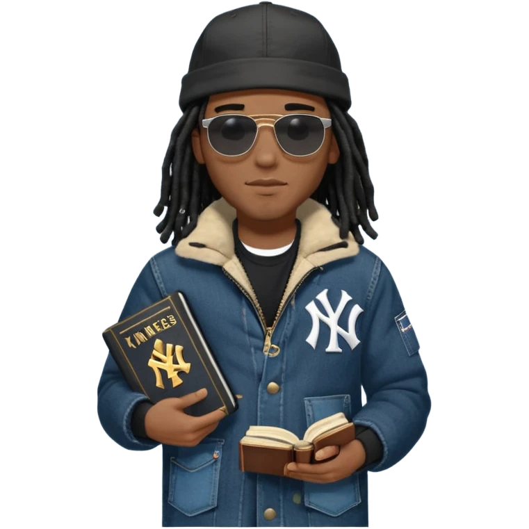 African American man with shoulder length black dreadlocks and black sunglasses wearing a black New York Yankees baseball hat with a North Face brand bubble winter coat with denim skinny jeans and timberland boots walk holding a holy bible emoji
