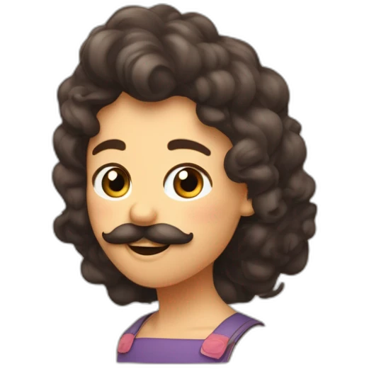 garçon chebaux frisés noirs et moustache, fille cheveux bruns bouclés, chantant dans un micro emoji