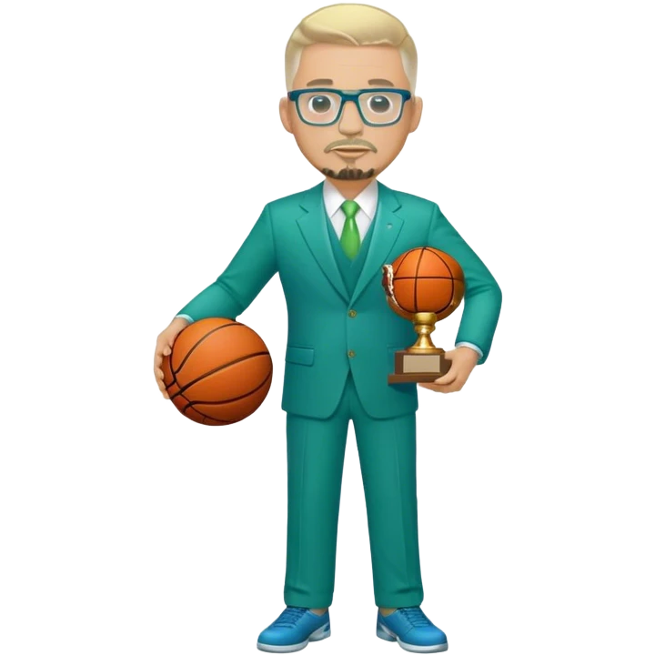 Full Body white  heavy set male  wearing glasses with a goatee with light blonde gray very short hair basketball head Coach in blue and green suit holding trophy emoji