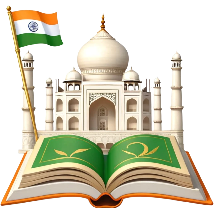 An icon featuring the Taj Mahal and the flag of India, symbolizing the Hindi language. The design includes an open book, representing language learning and cultural richness. Transparent background highlights the heritage of India. emoji