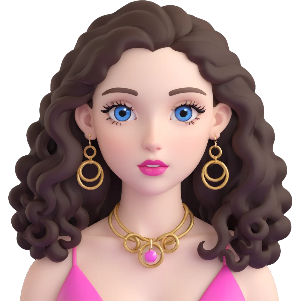 beautiful girl with big blue-grey eyes, long lashes, pale skin, pink lips, long voluminous dark brown curls, gold hoop earrings, silky halter top emoji