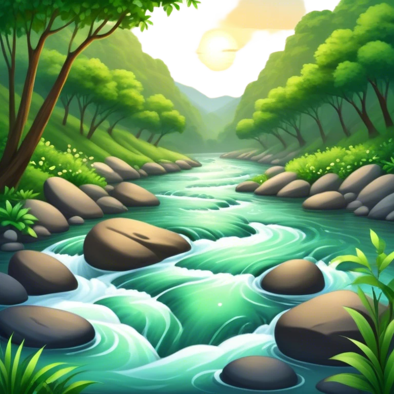 Cinematic Realistic River Emoji, Serene and flowing, with sparkling water meandering through lush greenery, surrounded by trees and rocks. The sun dances across the rippling surface, creating glimmering reflections while birds fly overhead. Soft glowing outline, capturing the essence of peacefulness and tranquility in a meandering river. emoji