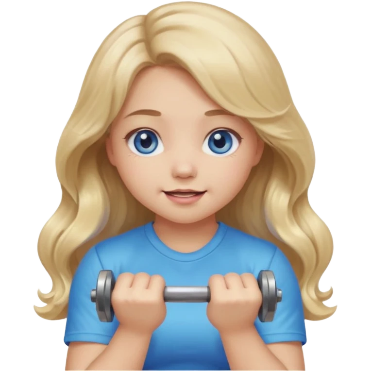 Kawaii emoji girl with big  blue glossy eyes, long wavy dirty blonde hair, happy expression, holding a dumbell, chubby cheeks, soft pastel colors, cozy and sweet aesthetic, clean background. emoji