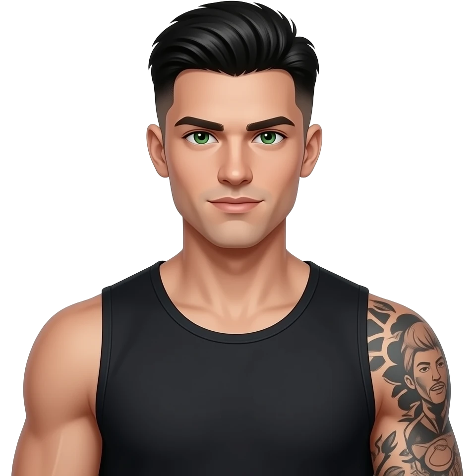 rictus arrogant gars cheveux noirs low taper fade look dark beau et yeux verts peau laiteuse pâle et tatoué musclé 25 ans emoji