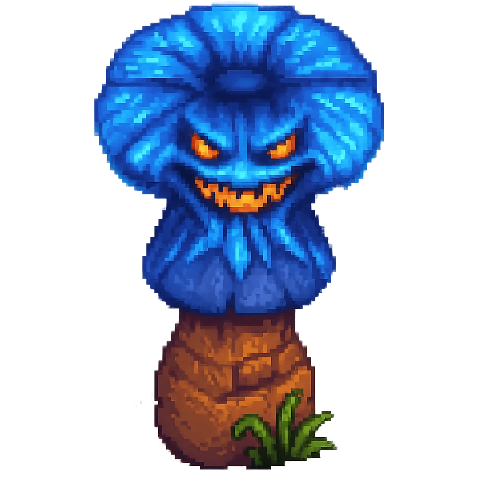 Make the glowing blue poisonous mushroom look scarier by adding eerie eyes or a twisted mouth. Keep the pixel art style and no background. emoji