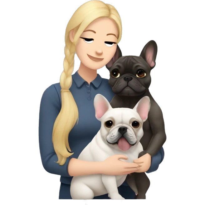  blonde woman hugging a brindle French bulldog and a dark gray french bulldog emoji