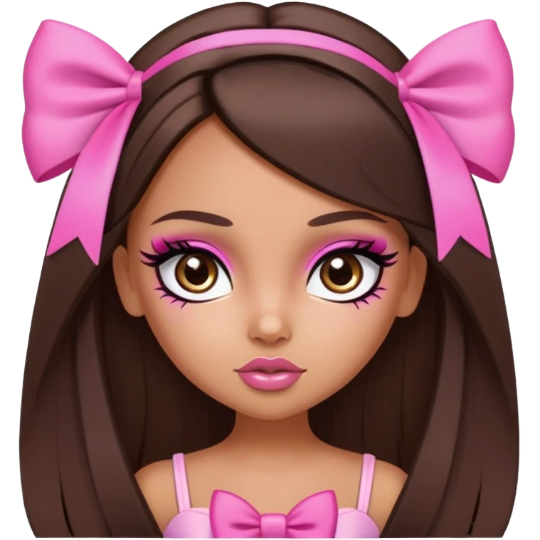 pretty bratz baddie, long straight hair brunette baddie with eyeliner and brown eyes and small pink bow emoji