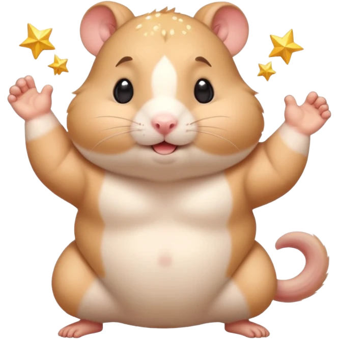 Cute chubby cartoon-style hamster flexing tiny arms like a bodybuilder, sparkles around it, triumphant expression. Painterly shading, white background, sticker-style illustration. emoji