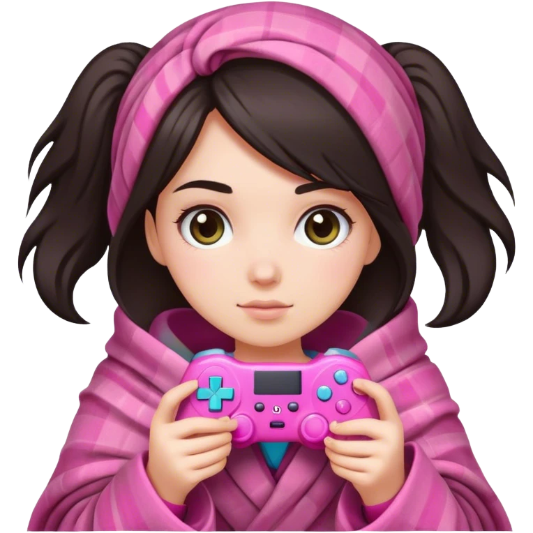 White girl with dark hair wrapped up in a blanket with a pink gaming controller in her hands emoji
