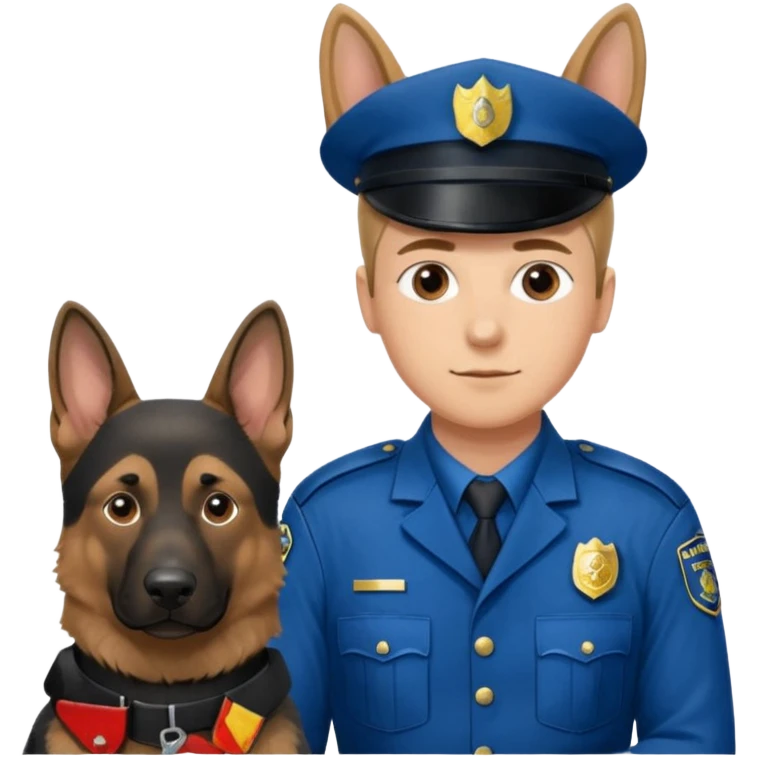 A German Shepherd sitting beside a police officer, both in focus, representing loyalty and discipline. Urban background, realistic tone, professional lighting. emoji