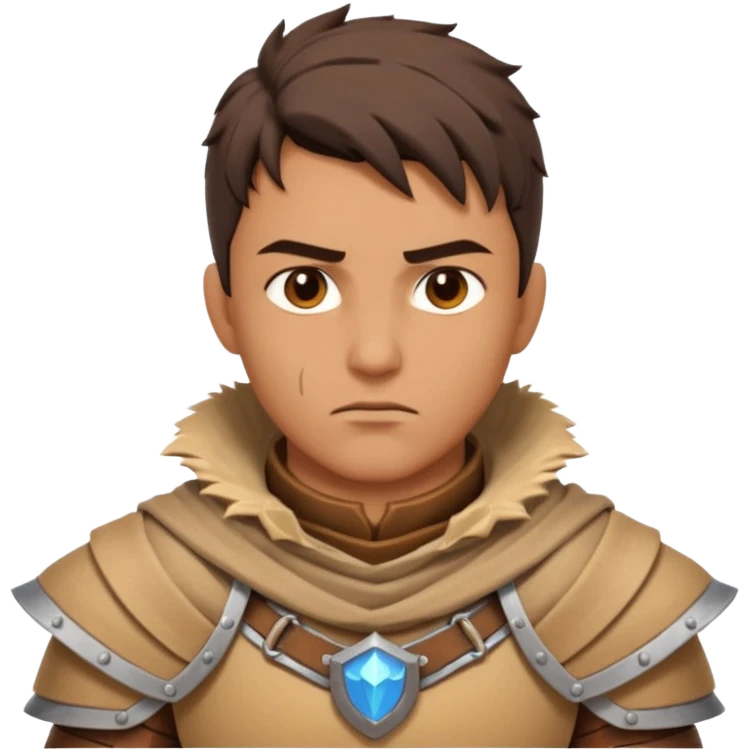 desert warrior portrait, head and shoulders only, sandy cloak collar, leather armor, intense eyes, desert fighter vibe, 3D cartoon, mobile game icon style, clean background, no text, no watermark
 emoji
