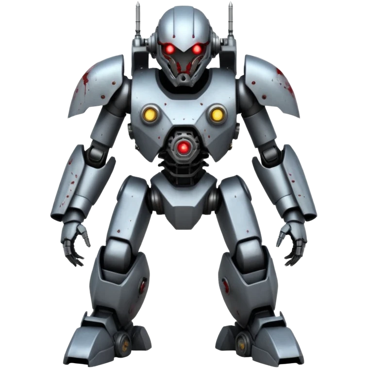 An all Grey metal evil mega zord tech bot with blood and glowing eyes in the style of your bleeding skull art, full body, rushed and worn from surviving the apocalypse, mostly Grey but splattered with blood, in a futuristic steam.punk cyber punk style standing forward emoji