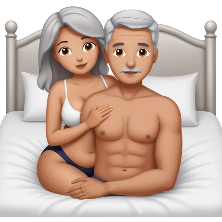 Curvy tanned gray hair intimate sfw bed pose with man emoji