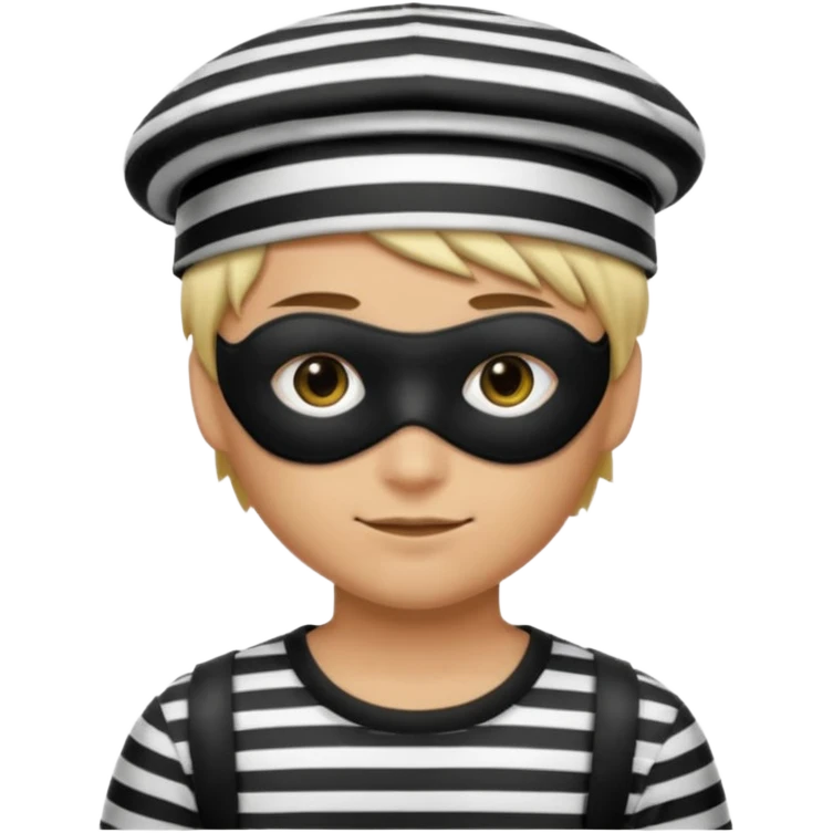 Realistic ios emoji-style portrait of a classic burglar, a black eye mask and a black-and-white striped shirt. Highly detailed, natural skin texture, soft cinematic lighting, realistic shadows, smooth gradients, clean outline, glossy reflections in the eyes. emoji-like hair, burglar’s hat  emoji