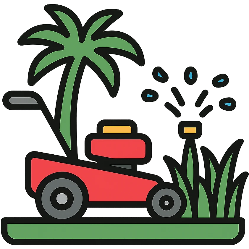 lawn mower cutting grass with palm tree and water sprinkler, modern simple lawn care business logo emoji
