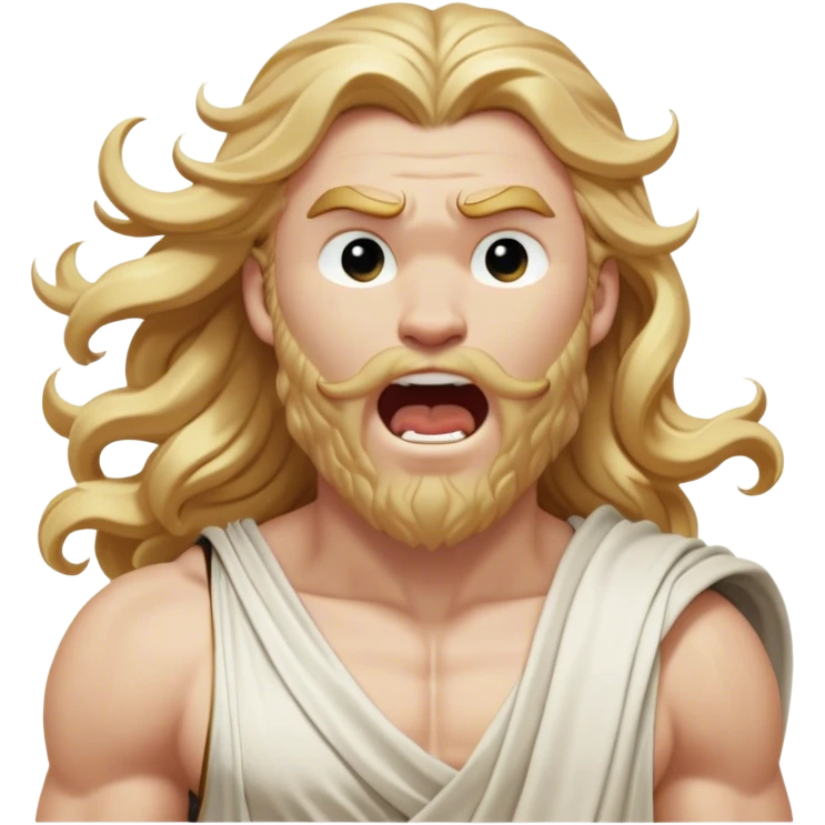 Cinematic Realistic Thor Portrait, head tilted slightly with a dramatic, wide-open yawn, revealing a moment of unguarded human vulnerability amidst his divine stature. His fair, luminous skin and elegantly styled, wavy golden hair maintain their sculptural perfection even in repose. Dressed in a flowing white toga with understated golden accents, the portrait is bathed in soft natural light, capturing a rare glimpse of relaxed, timeless strength from a Greek god reborn. emoji
