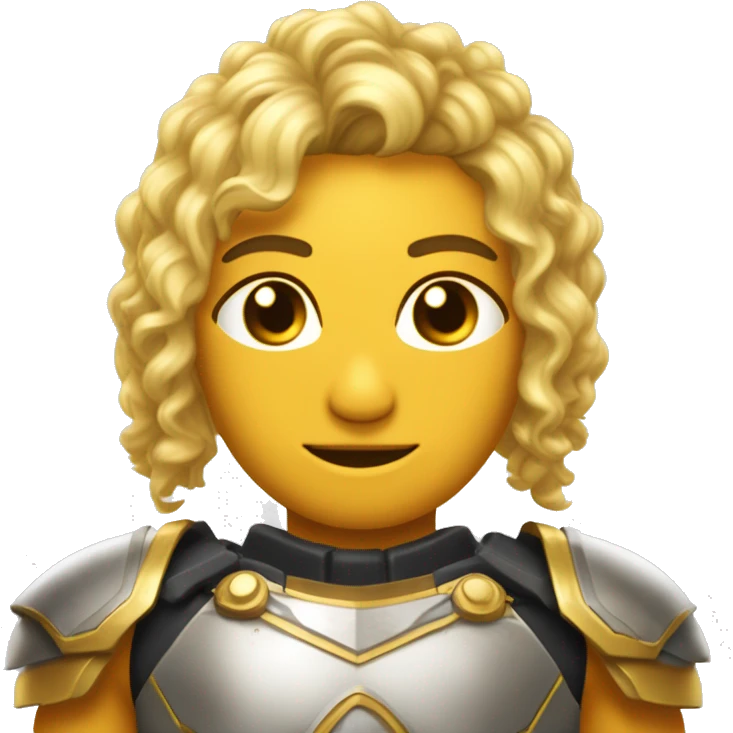 Uma deusa grega do cabelo loiro, olho cor de mel ,pele branca e vestindo uma armadura que tem um decote em formato de V, e a armadura é dourada. emoji