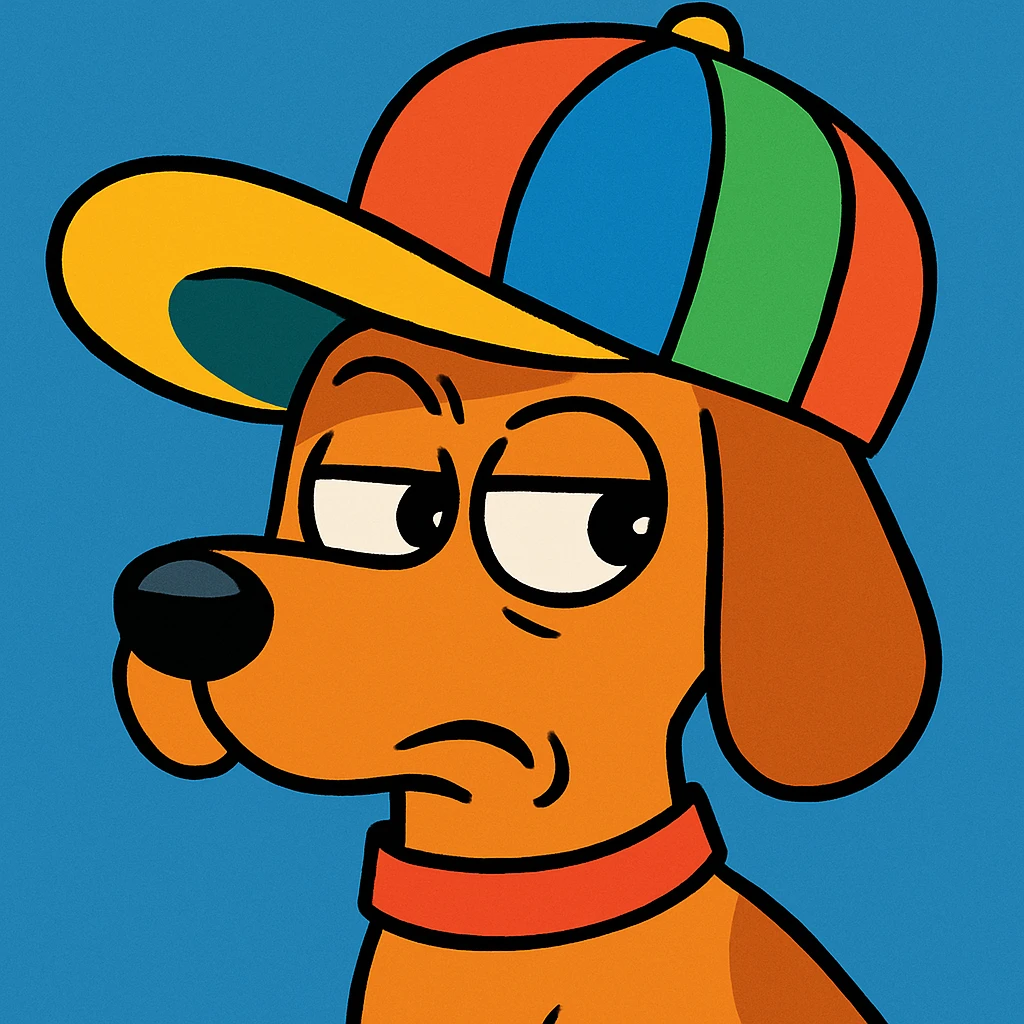 a dog giving a side eye, wearing a silly oversized hat, cartoon style, vibrant colors emoji
