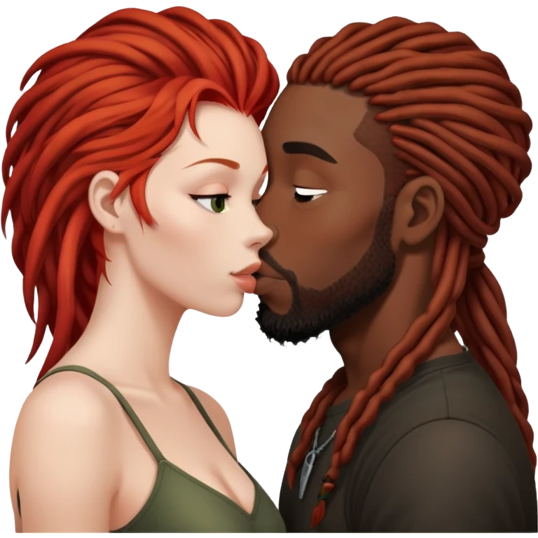 Mulher de cabelos ruivos e pele branca. O homem tem dreads nos cabelos e é negro. Ambos se beijando.  emoji