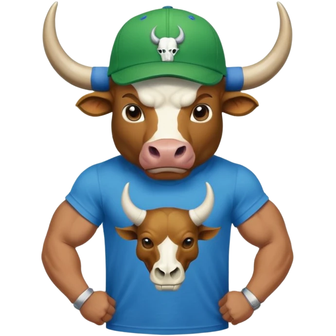 a bull wearing a green cap leveled WAGMI and wearing a blue t shirt and WAGMI designed with bulls skull and horn emoji
