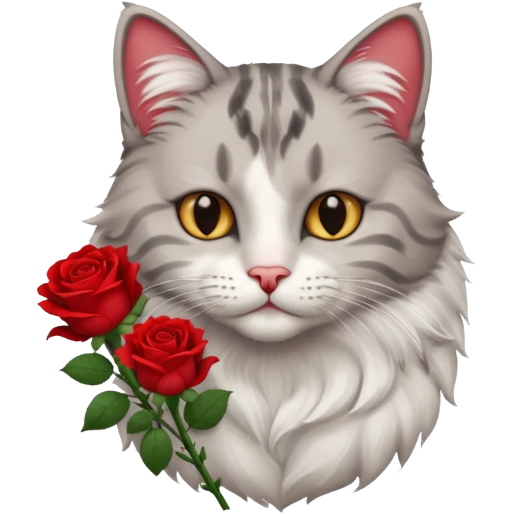 Male cat holding red flowers emoji