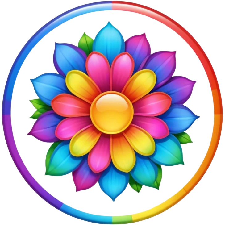 A round psychedelic colored button with a large rainbow colored flower in the center emoji