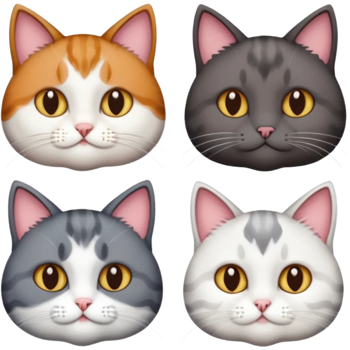 4 different coloured short haired cats including; a dark brown t and white cat, and a dark grey and white  emoji