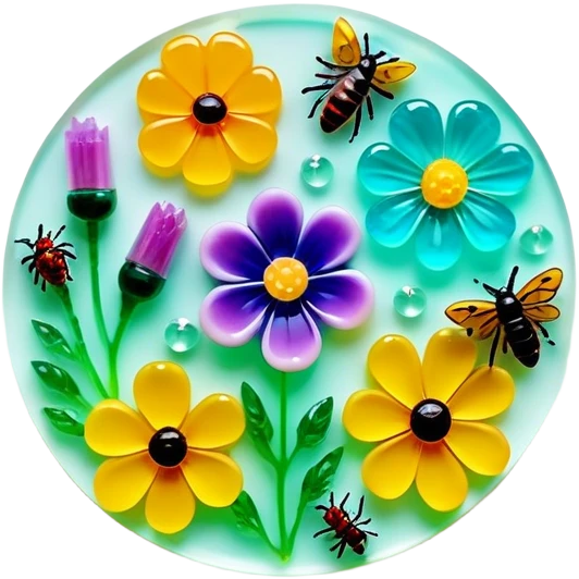 Epoxy resin art icon, jewelry and decorative items made with fluorescent epoxy resin, visible tubes of resin with bright colors, mixing tools, and molds, glowing effect on the resin, finished resin jewelry with dried flowers and insects embedded inside, minimalistic style, clean lines, transparent background. emoji