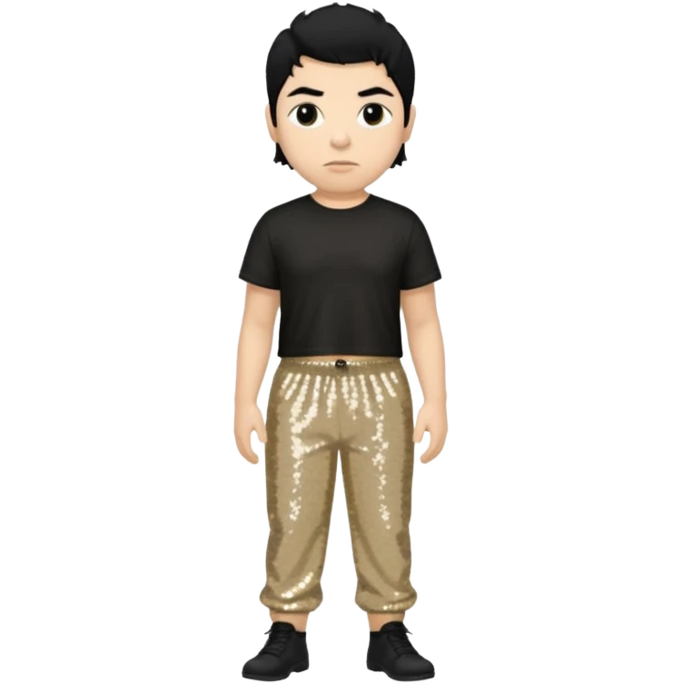 Chino Moreno with black hair, black sequin crop top, beige sequin baggy pants emoji