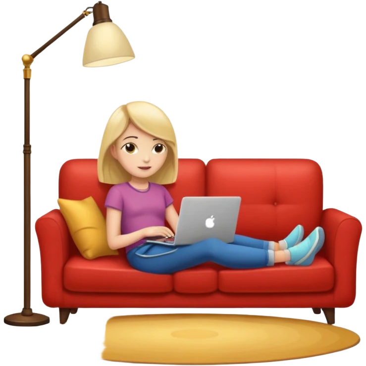 A girl is working with a laptop while lying on a sofa, with a floor lamp to the right. emoji
