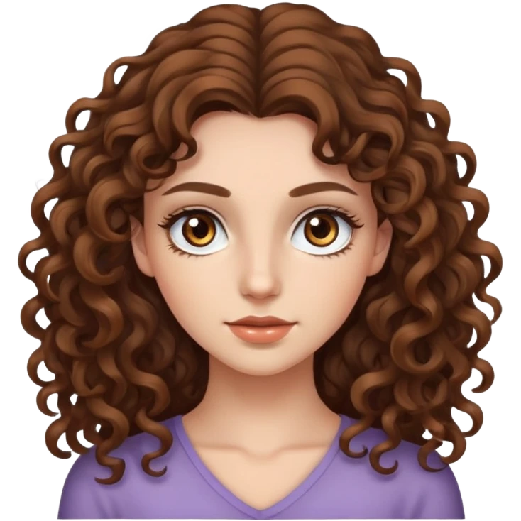 young woman with long curly brown hair, hazel eyes, long eyelashes emoji